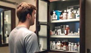 Visitor at an open house looking for drugs in the sellers' medicine cabinet