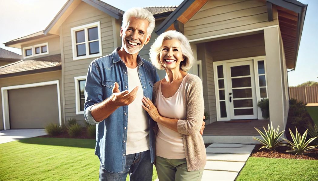 Senior couple in front of a house after downsizing